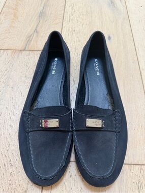 Coach Black Suede Penny Loafers with Gold Plaque